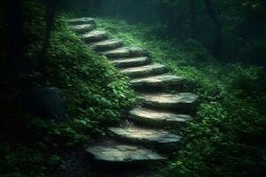 Mystical Stone Stairway in Lush Forest - Nature's Path to Tranquility photo