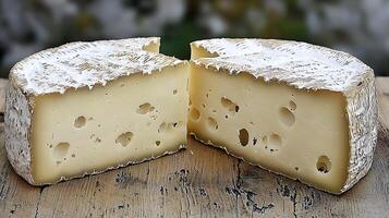 Close up of a wheel of cheese cut in half, showing its creamy texture and holes. photo