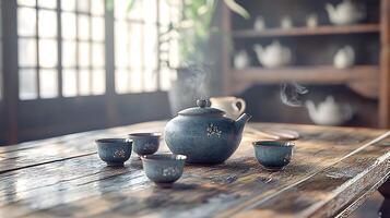 Steaming Teapot and Cups on Rustic Wooden Table, Tranquil Asian Setting. photo