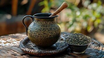 Ornate Teapot and Loose Leaf Tea on Rustic Wooden Tray. A close up image of an intricately designed teapot and bowl of tea leaves, perfect for tea-related products or relaxation themes. photo