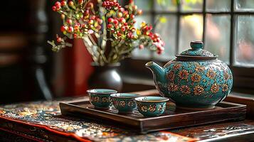 Ornate Teapot and Cups on Wooden Tray near Window with Flowers. A close up image of a beautiful teal teapot and teacups, showcasing intricate floral designs. photo