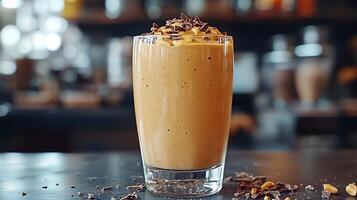 Delicious Peanut Butter Smoothie with Chocolate Shavings in a Glass. photo