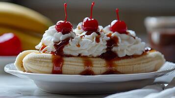 Close Up of a Delicious Banana Split Sundae with Whipped Cream and Cherries. photo