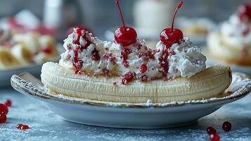 Close up of a delicious banana split dessert with whipped cream and cherries. photo