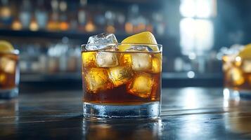 Refreshing Iced Cocktail on a Bartop. A close up image of a whiskey glass with ice and lemon. photo