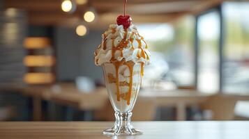 Delicious Dessert Sundae with Caramel Sauce and Cherry Garnish in Cafe Setting. photo