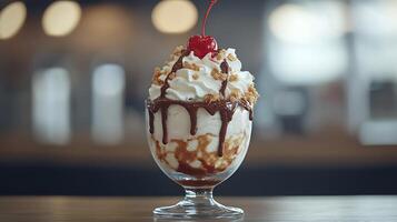 Decadent Ice Cream Sundae with Chocolate Sauce and Whipped Cream. A tempting close up of a delicious dessert. photo