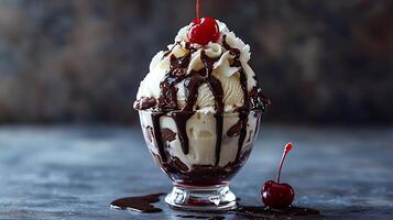 Delicious Brownie Sundae with Vanilla Ice Cream and Chocolate Sauce. A tempting close up of a decadent dessert. photo