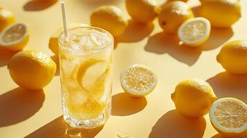 Refreshing Lemonade Drink with Ice and Lemons in Sunlight. A close up image perfect for summer beverage promotions. photo