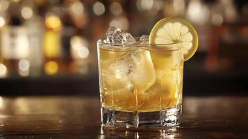 Refreshing Whiskey Cocktail with Ice and Lemon Garnish in a Rocks Glass. photo