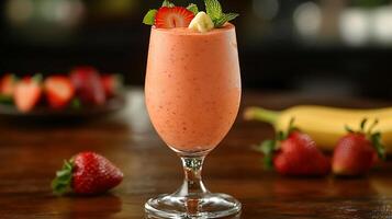 Refreshing Strawberry Banana Smoothie in a Glass, Close Up. photo
