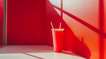 Refreshing Red Smoothie in Sunlight Against a Vibrant Red Wall. photo