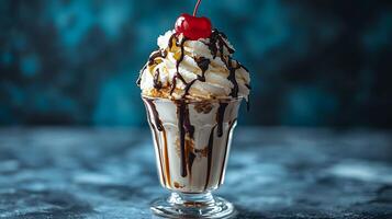 Delicious Ice Cream Sundae with Chocolate Sauce and Whipped Cream. A close up image of a classic dessert. photo