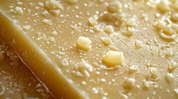 Close up of Cheese Texture Creamy, Golden Block with Scattered Curds. photo
