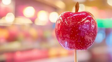 Close Up of a Shiny Red Candy Apple on a Stick Against a Blurred Background. photo