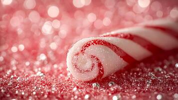 Close up of a candy cane resting on a sparkling red surface. A festive holiday image perfect for greeting cards or winter themed designs. photo