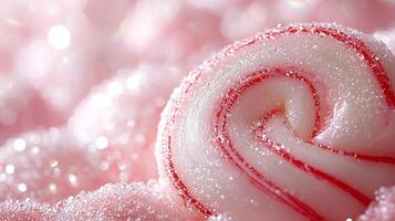 Close Up of a Pink and Red Swirled Candy with Water Droplets. A Detailed Macro Photograph of Sweet Confectionery. photo