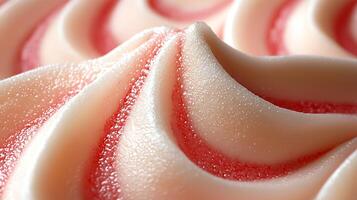 Close up of Creamy Swirled Ice Cream with Red Swirls. A Detailed Macro Photograph of Delicious Dessert Texture. photo