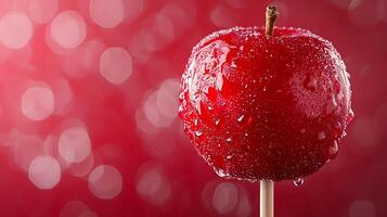Close up of a Red Candy Apple on a Stick with Water Droplets, Red Background. photo