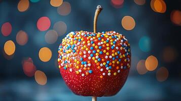 Candy Coated Apple with Colorful Sprinkles Against a Festive Bokeh Background. photo