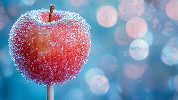 Candy Apple on a Stick Close up of a Red Apple Covered in Sparkling Water Droplets. photo