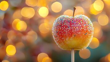 Candy Apple on a Stick with Bokeh Lights Background. A close up image of a delicious, sugary treat perfect for autumn or holiday themes. photo