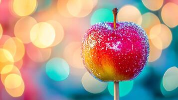 Candy Apple on a Stick with Bright Bokeh Background. A close up image of a colorful candy apple, perfect for autumn or holiday themes. photo