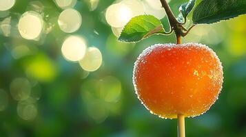 Close up of a Candy Apple on a Branch with Dew Drops. A vibrant image perfect for autumn themes and food blogs. photo