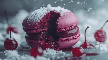 Close up of a broken cherry macaron with powdered sugar and cherries. A delectable dessert image perfect for food blogs, magazines, and culinary websites. photo