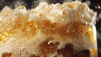 Close Up of Carbonated Drink with Bubbles and Foam. A detailed image showcasing the texture and effervescence of a fizzy beverage. photo