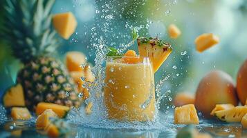 Refreshing Pineapple Smoothie Splash A vibrant image of a delicious pineapple smoothie with fruit pieces splashing into the glass. photo