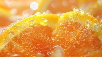 Close Up of Juicy Orange Slices with Water Droplets. A vibrant, macro photograph showcasing the texture and freshness of oranges. photo