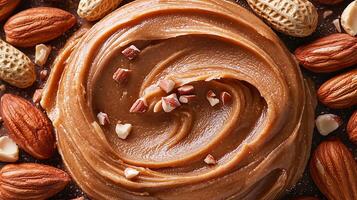 Close Up of Creamy Peanut Butter with Almonds and Peanuts. A Delicious and Nutritious Spread. photo