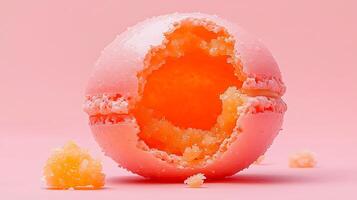 A Broken Pink Macaron Revealing a Textured Orange Filling on a Pink Background. photo