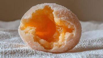 Close up of a Sweet Treat A Partially Broken Orange Filled Dough Ball Coated in Sugar. photo