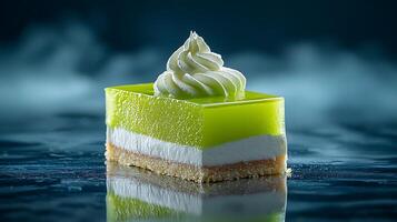 Delicious Lime Cheesecake Slice with Whipped Cream Topping, Close Up Studio Shot. photo