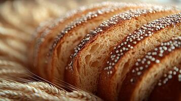 Close Up of Sliced Loaf of Bread with Sesame Seeds, Garnished with Wheat. photo