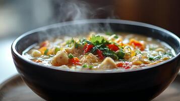 Steaming Hot Bowl of Chicken and Vegetable Soup. A close up image of a delicious and healthy meal. photo