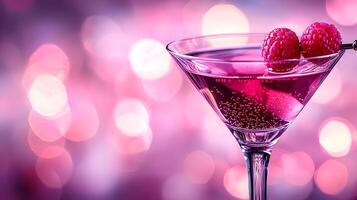 Sparkling Raspberry Martini Cocktail in a Martini Glass with Pink Bokeh Background. A close up image perfect for menus, websites, or advertising. photo
