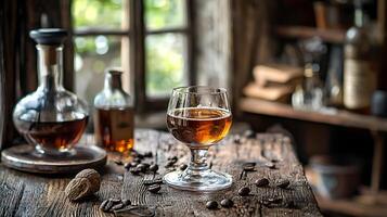 Brandy and Coffee Beans on Rustic Wooden Table. A close up of a glass of brandy with coffee beans scattered around it on a weathered wooden surface. photo