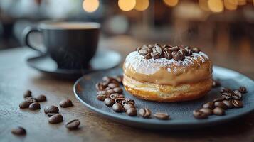 Delicious Coffee Glazed Donut with Coffee Beans and a Cup of Coffee in the Background. photo