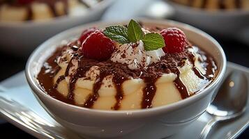 Close up of Creamy Dessert with Raspberries and Chocolate Sauce. A delectable image perfect for food blogs, restaurant menus, or culinary publications. photo