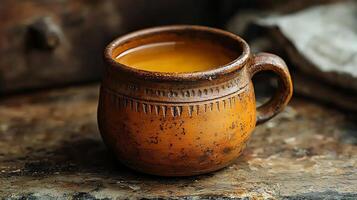 Rustic Clay Mug Filled with Golden Liquid on Wooden Surface. A close up image of an artisan-made mug. photo