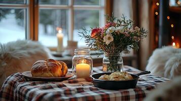 Cozy Cabin Scene A Warm and Inviting Winter Table Setting. photo