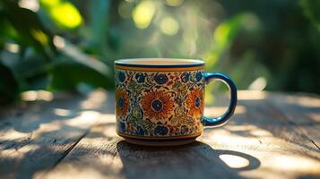 A steaming mug with floral design sits on a rustic wooden table outdoors, bathed in sunlight. photo