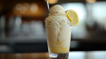 Refreshing Lemon Ice Cream Float in a Glass. A close up shot of a delicious dessert drink. photo