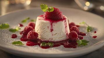 Creamy Vanilla Dessert with Raspberry Coulis and Fresh Mint. A close up photo of an elegant and delicious dessert.