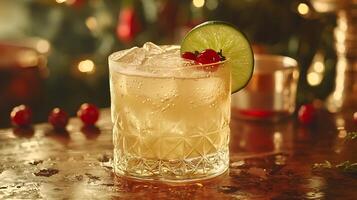 Festive Cranberry Lime Cocktail in a Crystal Glass. A close up image of a refreshing holiday drink garnished with cranberries and lime. photo