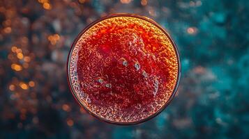 Close up of a Glass Filled with Sparkling Red Liquid Against a Bokeh Background. photo