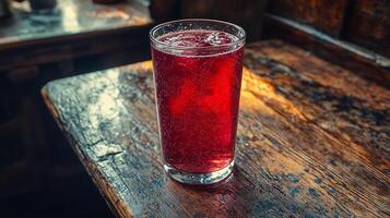 Refreshing Red Drink in a Glass on Rustic Wooden Table. A close up image of a vibrant red beverage with ice, perfect for summer or a relaxing evening. photo